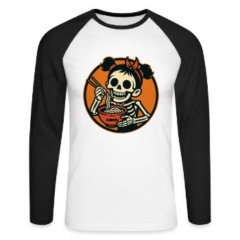 Squelette dessin animé fille mangeant des nouilles ramen - T-shirt baseball manches longues Homme - blanc/noir - Devant - Nik (191cm)