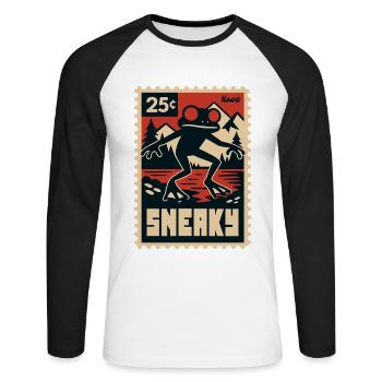 Grenouille noire aux yeux rouges au bord du lac - T-shirt baseball manches longues Homme - blanc/noir - Devant - Nik (191cm)