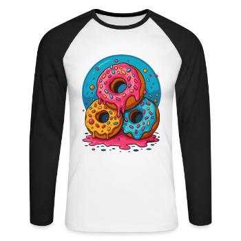 Drei bunte Donuts mit Glasur und Streuseln - Unisex Baseballshirt langarm - Weiß/Schwarz - Vorne - Nik (191cm)