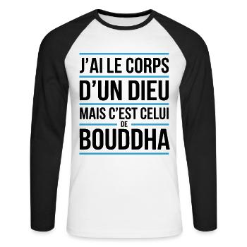 T-shirt humour Bouddha Corps d’un dieu - T-shirt baseball manches longues Homme - blanc/noir - Devant - Nik (191cm)