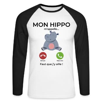 Mon hippo m’appelle Faut que j’y aille - T-shirt baseball manches longues Homme - blanc/noir - Devant - Nik (191cm)