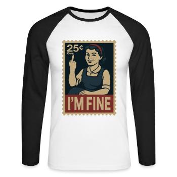 Femme avec un doigt d’honneur et le texte « Je vais bien » - T-shirt baseball manches longues Homme - blanc/noir - Devant - Nik (191cm)