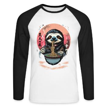 Faultier isst Ramen Japan Nudel Design - Unisex Baseballshirt langarm - Weiß/Schwarz - Vorne - Nik (191cm)