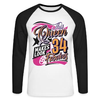 34th Birthday Queen Women - Unisex Long Sleeve Baseball T-Shirt - white/black - Front - Nik (191cm)
