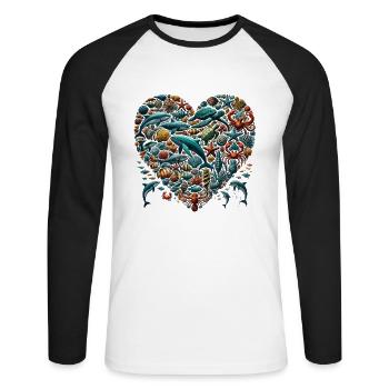 Animaux de la mer, Forme de cœur, Océan, Amour - T-shirt baseball manches longues Homme - blanc/noir - Devant - Nik (191cm)