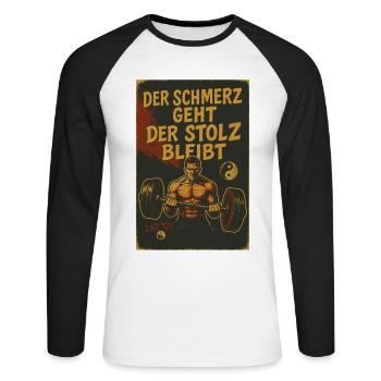 Fitness Schmerz Trainingsshirt für Bodybuilder - Unisex Baseballshirt langarm - Weiß/Schwarz - Vorne - Nik (191cm)