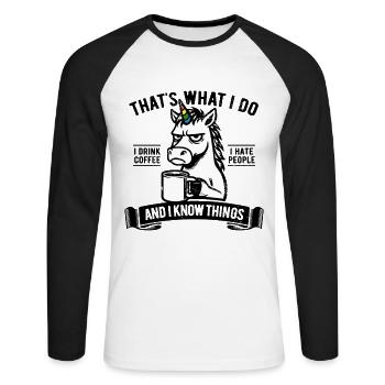 Je bois du café, je déteste les gens et je sais des choses - T-shirt baseball manches longues Homme - blanc/noir - Devant - Nik (191cm)