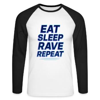 Eat Sleep Rave Repeat Shirt – Lustiges Techno EDM - Unisex Baseballshirt langarm - Weiß/Schwarz - Vorne - Nik (191cm)