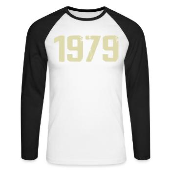 Jubiläum 1979 - Unisex Baseballshirt langarm - Weiß/Schwarz - Vorne - Nik (191cm)