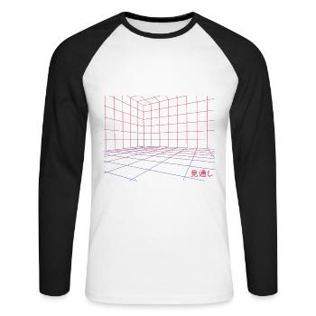 Ästhetisches Dampfwellen-geometrisches Gitter futuristisch - Unisex Baseballshirt langarm - Weiß/Schwarz - Vorne - Nik (191cm)