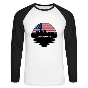 Cincinnati Ohio Usa Flag Skyline Silhouette Travel - Unisex Long Sleeve Baseball T-Shirt - white/black - Front - Nik (191cm)