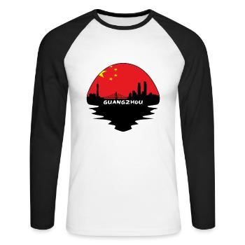 Guangzhou-China-Flaggen-Skyline-Schattenbild-Reise - Unisex Baseballshirt langarm - Weiß/Schwarz - Vorne - Nik (191cm)