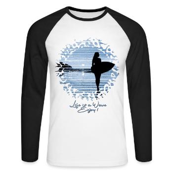 Beach surfer Life is a Wave, Enjoy! | Blue - Unisex Long Sleeve Baseball T-Shirt - white/black - Front - Nik (191cm)