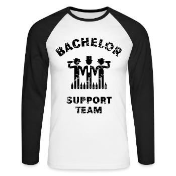 Bachelor Support Team (JGA Polterabend Vintage B) - Unisex Baseballshirt langarm - Weiß/Schwarz - Vorne - Nik (191cm)