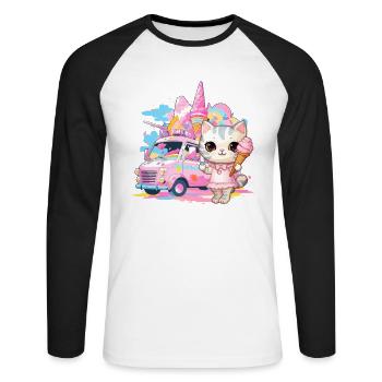 Cat Kitten Girl Ice Cream Parlors Dessert Ice Cream - Unisex Long Sleeve Baseball T-Shirt - white/black - Front - Nik (191cm)