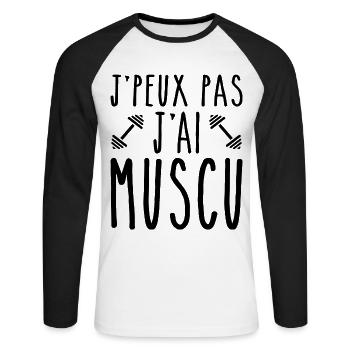 Je Peux Pas J ai Muscu - T-shirt baseball manches longues Homme - blanc/noir - Devant - Nik (191cm)