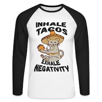 Inhalez des tacos, expirez la négativité - T-shirt baseball manches longues Homme - blanc/noir - Devant - Nik (191cm)