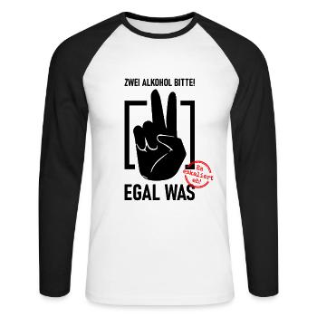 Zwei Alkohol bitte! Egal was - Saufen Bier Party - Unisex Baseballshirt langarm - Weiß/Schwarz - Vorne - Nik (191cm)