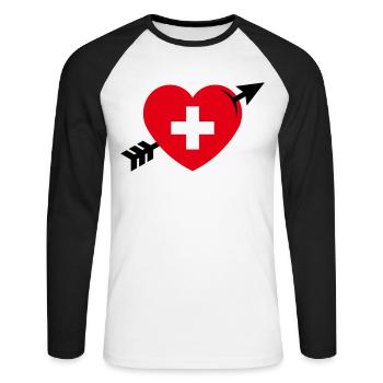 Herz Mit Schweizerkreuz Und Pfeil (Schweiz / 3C) - Unisex Baseballshirt langarm - Weiß/Schwarz - Vorne - Nik (191cm)