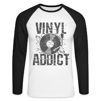 Vinyl Addict - Retro Vintage DJ Gift - Unisex Long Sleeve Baseball T-Shirt - white/black - Front - Nik (191cm)