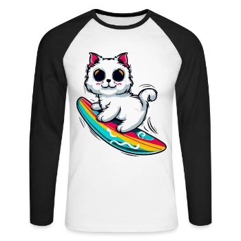 White cat on colorful surfboard - Unisex Long Sleeve Baseball T-Shirt - white/black - Front - Nik (191cm)