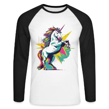 Einhorn Vintage Retro Bunt Modern Trend Kunst - Unisex Baseballshirt langarm - Weiß/Schwarz - Vorne - Nik (191cm)