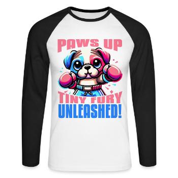 PFOTEN HOCH TINY FURY ENTFESSELT SÜSSES KAWAII-HUNDEBOXEN - Unisex Baseballshirt langarm - Weiß/Schwarz - Vorne - Nik (191cm)