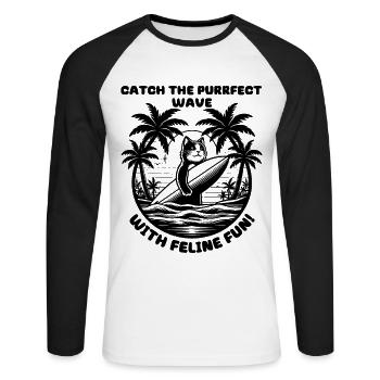 Surfing Cat Paradise : une aventure tropicale vous attend - T-shirt baseball manches longues Homme - blanc/noir - Devant - Nik (191cm)