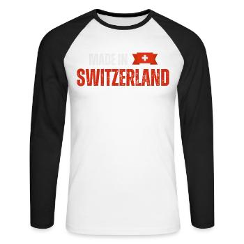 Made in Switzerland, Schweizer Stolz - Unisex Baseballshirt langarm - Weiß/Schwarz - Vorne - Nik (191cm)