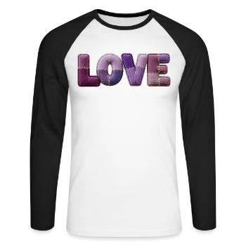 Love Schriftzug Patchwork 3D Stoff Look - Unisex Baseballshirt langarm - Weiß/Schwarz - Vorne - Nik (191cm)