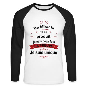 Citation Drôle • Je suis Unique • Miracle Cadeaux - T-shirt baseball manches longues Homme - blanc/noir - Devant - Nik (191cm)