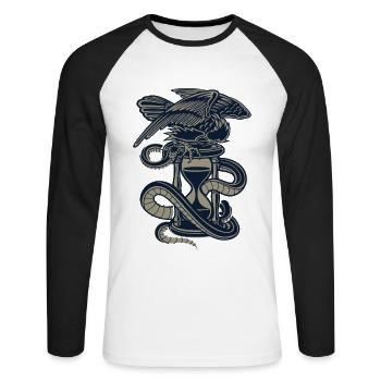 Sanduhr, Adler, Schlange - Unisex Baseballshirt langarm - Weiß/Schwarz - Vorne - Nik (191cm)