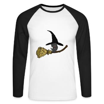 Cats witch on broom with magic hat gift idea - Unisex Long Sleeve Baseball T-Shirt - white/black - Front - Nik (191cm)