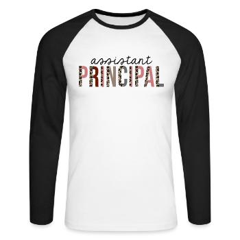 Assistant Principal Leopard Print Funny - Unisex Long Sleeve Baseball T-Shirt - white/black - Front - Nik (191cm)