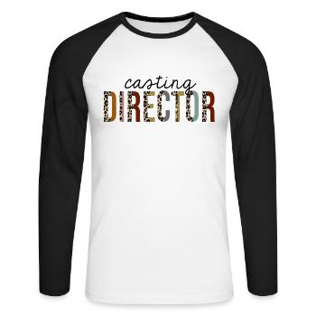 Directeur de casting imprimé léopard drôle - T-shirt baseball manches longues Homme - blanc/noir - Devant - Nik (191cm)