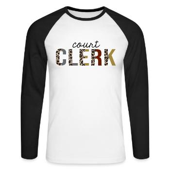 Greffier du tribunal imprimé léopard drôle - T-shirt baseball manches longues Homme - blanc/noir - Devant - Nik (191cm)