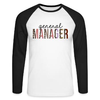 Directeur Général Leopard Print Funny - T-shirt baseball manches longues Homme - blanc/noir - Devant - Nik (191cm)