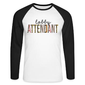 Lobby Attendant imprimé léopard drôle - T-shirt baseball manches longues Homme - blanc/noir - Devant - Nik (191cm)