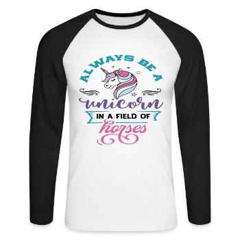 Sei immer ein Einhorn auf dem Feld der Pferde - Unisex Baseballshirt langarm - Weiß/Schwarz - Vorne - Nik (191cm)