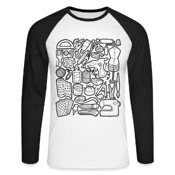 Artisanat DIY Doodle Machine à coudre faite à la main Hobby - T-shirt baseball manches longues Homme - blanc/noir - Devant - Nik (191cm)