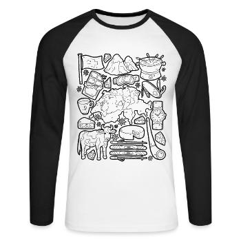 Suisse Doodles Alpes Fromage Zurich Genève Bâle Berne - T-shirt baseball manches longues Homme - blanc/noir - Devant - Nik (191cm)