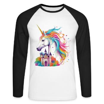 Einhorn Regenbogen Schloss Bunt Magie Fantasie - Unisex Baseballshirt langarm - Weiß/Schwarz - Vorne - Nik (191cm)