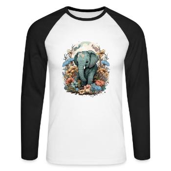 L’éléphant parmi les fleurs - T-shirt baseball manches longues Homme - blanc/noir - Devant - Nik (191cm)