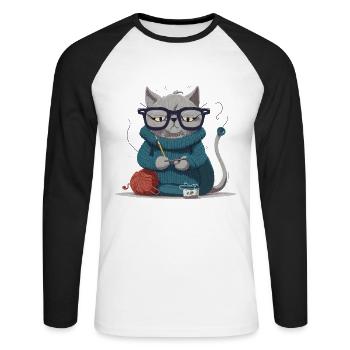 Strickende Katze - Unisex Baseballshirt langarm - Weiß/Schwarz - Vorne - Nik (191cm)