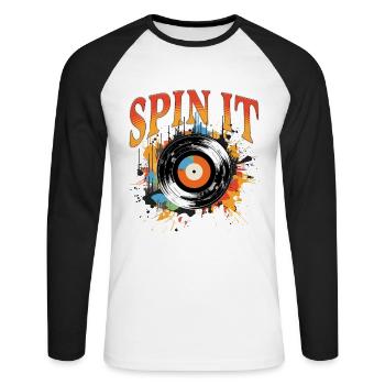 Disque Vinyle LP Platine Rétro - T-shirt baseball manches longues Homme - blanc/noir - Devant - Nik (191cm)