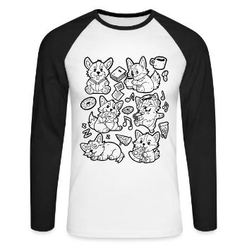 Corgi Doodle: Coffee, Pizza, Donut, Music, Book - Unisex Long Sleeve Baseball T-Shirt - white/black - Front - Nik (191cm)