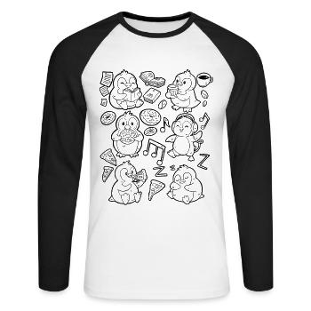 Penguin Doodle : Café, Pizza, Donut, Musique, Livre - T-shirt baseball manches longues Homme - blanc/noir - Devant - Nik (191cm)