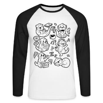 Otter Doodle : Café, Pizza, Donut, Lecture, Musique - T-shirt baseball manches longues Homme - blanc/noir - Devant - Nik (191cm)