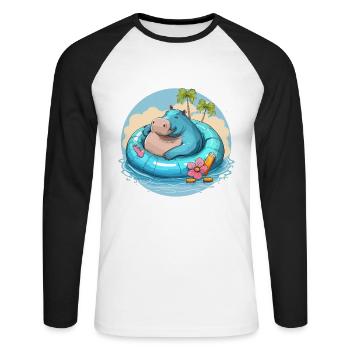 Der fröhliche Floater: ein glückliches Nilpferd und ein aufblasbares Boot - Unisex Baseballshirt langarm - Weiß/Schwarz - Vorne - Nik (191cm)