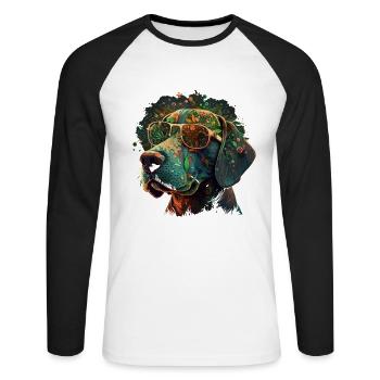 Trippy Tails: Ein cooler Weed-Head-Hund mit Psychedeli - Unisex Baseballshirt langarm - Weiß/Schwarz - Vorne - Nik (191cm)